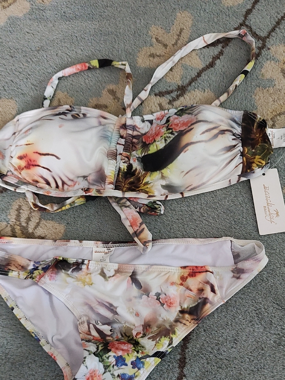Floral Watercolor Bandeau Bikini Set - White/Pastel